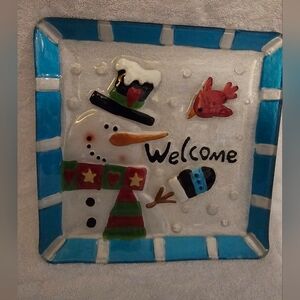 Snowman Welcome Plate w/Blue & Red Accents, Perfect Condition, 10 1/4" Square